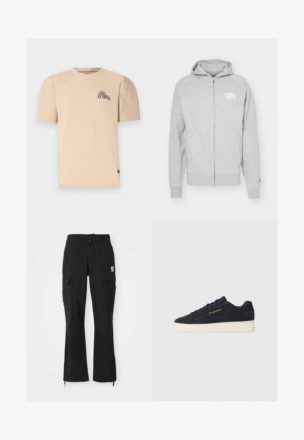 Siva zip-hoodie izrađena od mekog materijala. Ima kapuljaču, rebraste manšete i logotip na lijevoj strani prsnog koša. Jednostavan, ležeran dizajn.; Evisu TOTEM DARUMA TEE - Majica kratkih rukava s printom - taupe; Crne cargo hlače ravnog kroja s kopčanjem na dugme, bočnim džepovima na preklop i malim bijelim logotipom na desnom butu.; Navy plave sačmene niske tenisice s bijelim potplatom, mornarskim vezicama i "Filling Pieces" logotipom u zlatnoj boji sa strane.