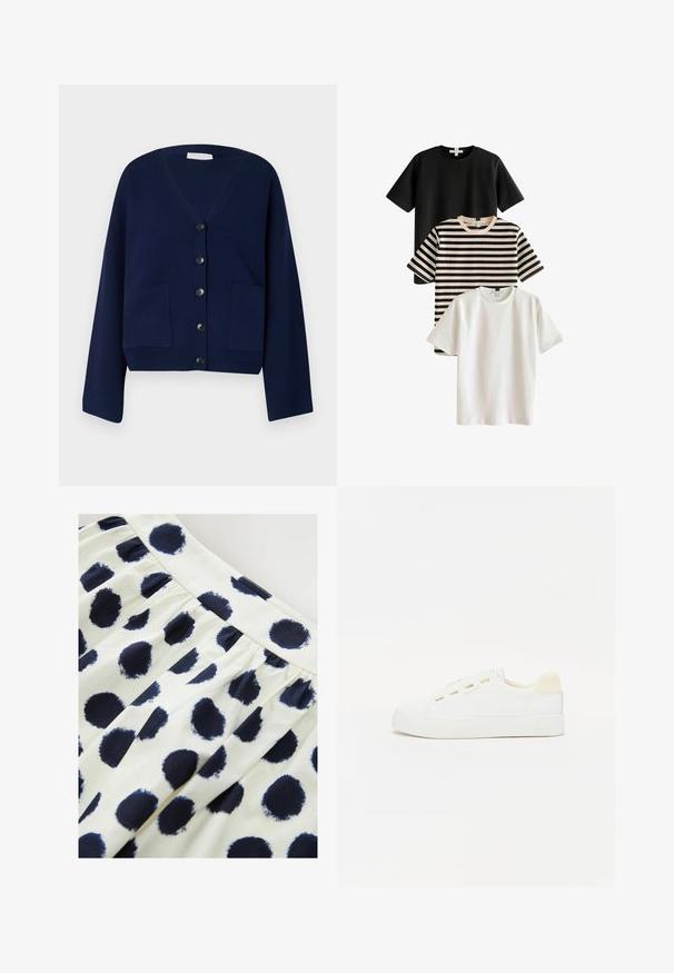 Cardigan tricotat de culoare bleu marin, cu decolteu în V, șase nasturi negri și două buzunare frontale. Dispune de mâneci supradimensionate și un tiv scurt.; Trei tricouri: unul negru, unul alb și unul cu dungi negre și bej. Toate au mâneci scurte și gât rotund, fiind realizate dintr-un material neted.; Fustă din material alb cu buline circulare de culoare albastru închis. Fusta are o talie plisată și o textură netedă.; Adidași albi cu superior din pânză, vârf rotund și talpă plată din cauciuc. Prezintă ochiuri aurii și un accent pe călcâi de culoare bej deschis.