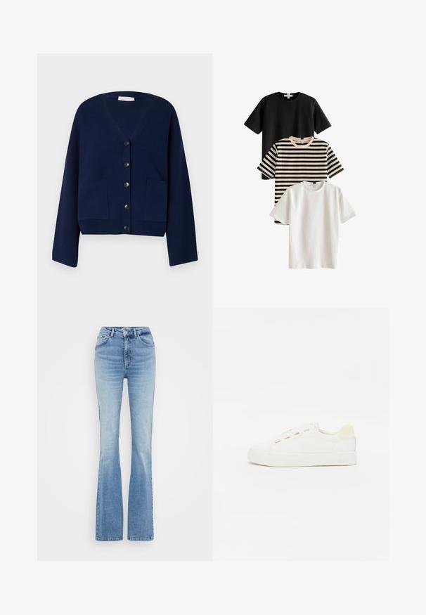 Mornarsko plava pletena kardigan jakna s V izrezom, šest crnih gumba i dva prednja džepa. Ima široke rukave i skraćeni rub.; Tri majice: jedna crna, jedna bijela, i jedna prugasta u crnoj i bež boji. Sve imaju kratke rukave i okrugle izreze, napravljene od glatkog materijala.; Svijetloplave trapezice od denima, s visokim strukom, pet džepova te suptilnim izbljeđivanjem i vidljivim šavovima.; Bijela tenisica s platnenim gornjim dijelom, okruglim vrhom i ravnim gumenenim potplatom. Ima zlatne rupice za vezanje i svijetlosmeđi naglasak na peti.