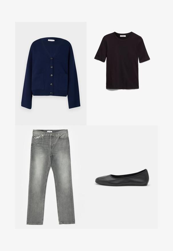 Námořnický modrý pletený kardigan s výstřihem do V, šesti černými knoflíky a dvěma předními kapsami. Má oversized rukávy a zkrácený lem.; Černé tričko s krátkým rukávem vyrobené z měkké bavlny, s kulatým výstřihem a hladkým, rovnoměrným povrchem s minimalistickým designem.; RE/DONE EASY - Džíny Straight Fit - grigio; Černé kožené baletní byty s kulatou špičkou, hladkou texturou, minimálními švy a flexibilním designem podrážky.