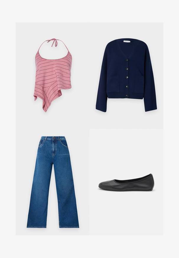 Navy blue knitted cardigan with a V-neck, six black buttons, and two front pockets. Features oversized sleeves and a cropped hem.; Striped halter top in pink and white, featuring a flowing, asymmetrical design with a tie closure at the neck. Soft, lightweight fabric.; Wide-leg jeans in dark blue denim with a high waist, featuring front and back pockets, and contrast stitching details.; Black leather ballet flat with a rounded toe, smooth texture, minimal stitching detail, and a flexible sole design.
