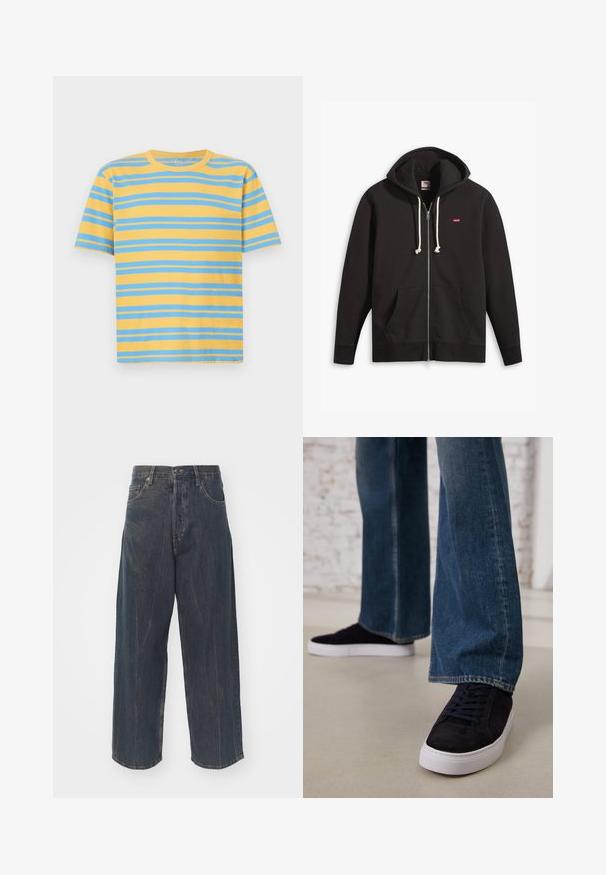 Juodas užtrauktukas džemperis, pagamintas iš medvilnės mišinio, su pamuštu kapišonu, smėlio spalvos raišteliais, priekinėmis kišenėmis ir mažu raudonu logotipu ant krūtinės.; Geltonai ir mėlynai juostuota marškinėlių palaidinė, pagaminta iš medvilnės. Turi klasikinį apvalų iškirpimą, trumpas rankoves ir horizontalias juosteles.; Plati tamsiai mėlyni džinsai su subtiliu suplyšusiu tekstūros, penkios kišenės ir klasikinis mygtukų bei užtrauktuko uždarymas juosmens srityje.; Tamsiai mėlyni zomšiniai sportbačiai su baltu guminio padu ir raišteliais, derinami su plačiomis džinsinėmis kelnėmis vidutinio mėlynumo skalbimo.