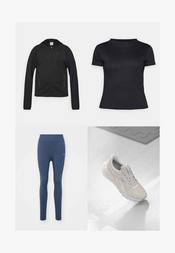 Champion C-TECH FULL ZIP HOODIE INTERLOCK - Majica s kapuljačom i patentnim zatvaračem - black; Crna majica kratkih rukava izrađena od mješavine pamuka, s okruglim izrezom i glatkom teksturom, bez vidljivih logotipa ili uzoraka.; Tamno plave tajice napravljene od rastezljivog, teksturiranog materijala. Imaju visoki struk i detalj s logotipom na lijevom butu. Glatka završna obrada.; Svijetlosmeđi sportski tenisici s perforiranim gornjim dijelom, teksturiranim detaljima, podstavljenim okvirom i bijelim gumiranim potplatom, dizajnirani za udobnost i prozračnost.
