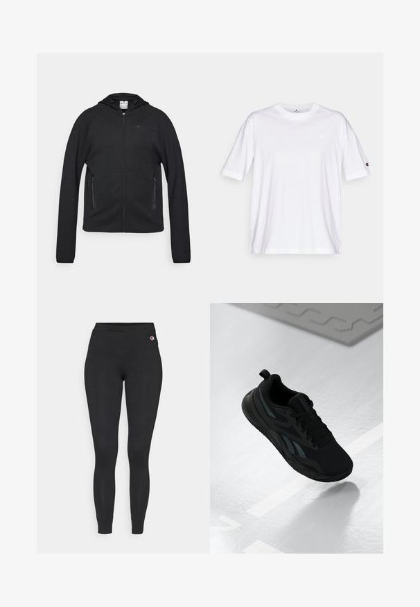 Champion C-TECH FULL ZIP HOODIE INTERLOCK - Sweater met rits - black; Witte katoen t-shirt met een ronde hals, korte mouwen en een klein logo op de linkerborst. Heeft een relaxte pasvorm en een effen kleur.; Zwarte strakke legging met elastische tailleband, met een klein Champion-logo op de bovenste linkerheup.; Zwarte sportieve schoen met een bovenkant van mesh, voorzien van textuuraccenten en een vlakke zoolvorm. Inclusief tonale branding en een lipje aan de hiel.