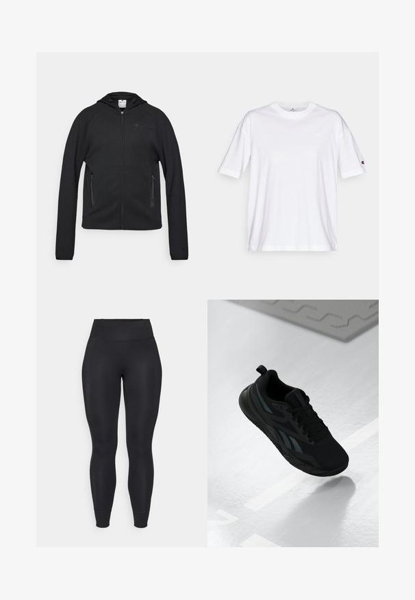 Champion C-TECH FULL ZIP HOODIE INTERLOCK - Camisola com fecho - black; T-shirt de algodão branco com decote redondo, mangas curtas e um pequeno logotipo no lado esquerdo do peito. Apresenta um corte descontraído e uma cor sólida.; Leggings pretas feitos de tecido elástico, com cintura alta, pernas ajustadas e bainhas com punhos, apresentando uma textura lisa e mate.; Sapatilha atlética preta com parte superior em malha, apresentando detalhes texturizados e um formato de sola plana. Inclui logotipo tonal e uma aba de puxar no calcanhar.