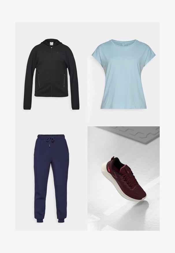 Champion C-TECH FULL ZIP HOODIE INTERLOCK - Mikina so zipsom - black; Svetlo modré tričko s krátkym rukávom vyrobené z mäkkej látky. Má okrúhly výstrih, voľný strih a prešité okraje. Bez vzorov alebo ozdôb.; Tmavomodré tepláky z jemnej tkaniny s elastickým pásom, šnúrkou na stiahnutie, bočnými vreckami a rebrovanými manžetami na členkoch.; Bordová športová obuv s textúrovaným vrchom, čiernym interiérom a ružovými akcentmi. Obsahuje bielu medzipodrážku a vzorovanú podrážku.