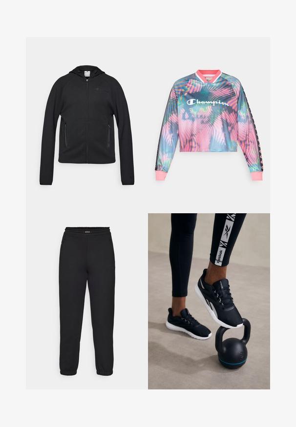 Champion C-TECH FULL ZIP HOODIE INTERLOCK - Sweatjakke - black; Champion SPORT HERITAGE LONG SLEEVES V NECK - Langærmet T-shirt - multi-coloured; Champion C-TECH CUFFED PANTS INTERLOCK - Træningsbukser - black; Svarte atletiske sko med en tekstureret overdel, hvid sål og grå accenter, placeret på en sort kettlebell med en blå stribe, mod en neutral baggrund.