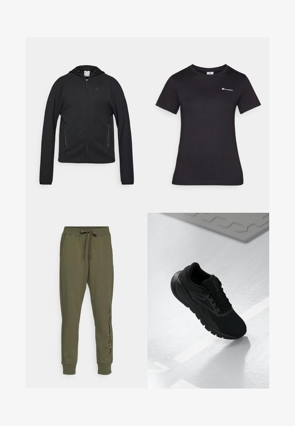 Champion C-TECH FULL ZIP HOODIE INTERLOCK - Jaka ar rāvējslēdzēju - black; Melna īsām piedurknēm T-krekls no kokvilnas, ar nelielu izšūtu logotipu uz krūtīm. Klasiska apaļa kakla dizains ar maigu tekstūru.; Champion ICONS CUFF PANTS LARGE LOGO - Treniņtērpa apakšdaļas - dark green; Melna sporta apava, kas veidota ar sietu augšdaļu, apaļu pirkstu daļu, mīkstu zoli un teksturētām akcentiem, novietota uz gludas baltas virsmas.