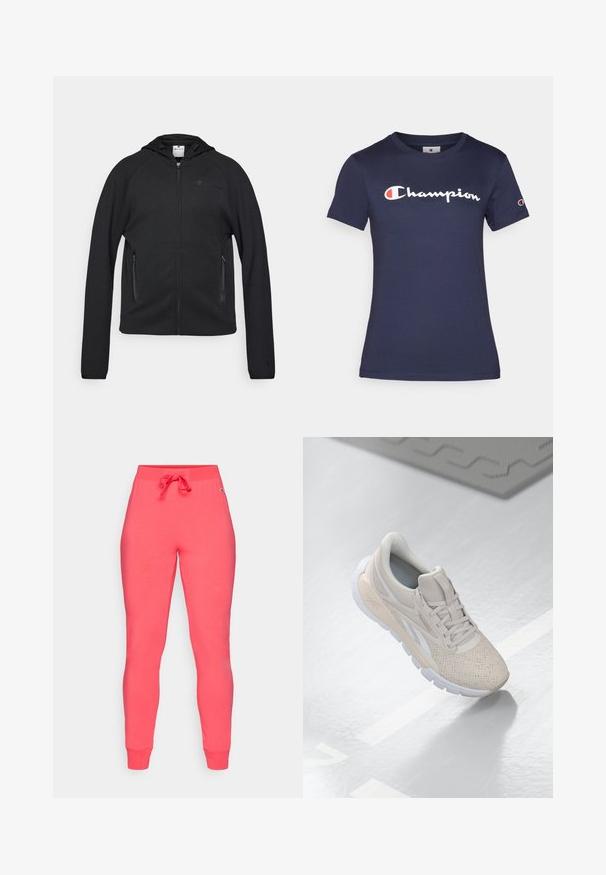 Champion C-TECH FULL ZIP HOODIE INTERLOCK - Mikina so zipsom - black; Námornícky modré bavlnené tričko s krátkymi rukávmi, s bielym logom "Champion". Štandardný strih s okrúhlym výstrihom a jemnou textúrou.; Ružové tepláky s elastickým pásom a šnúrkou. Utesnené pri členkoch s rebrovanými manžetami. Hladká tkanina bez viditeľných vzorov alebo ozdôb.; Svetlo béžová atletická obuv s perforovaným zvrškom, textúrovanými akcentmi, polstrovaným golierom a bielou gumovou podrážkou, navrhnutá pre pohodlie a priedušnosť.
