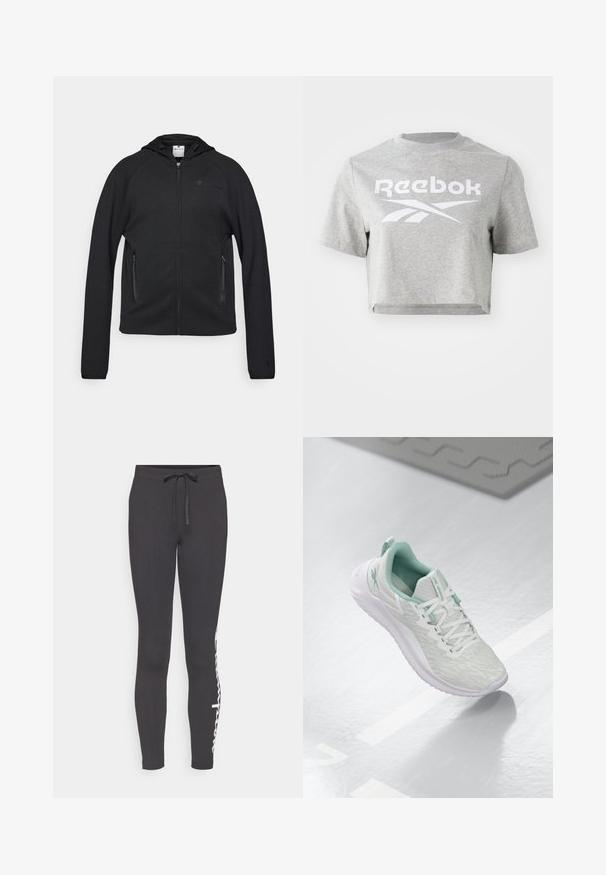 Champion C-TECH FULL ZIP HOODIE INTERLOCK - Camisola com fecho - black; Camiseta cinza cortada feita de algodão, com decote redondo e mangas curtas, apresentando o texto e logo brancos "Reebok" impressos na frente.; Calças de treino pretas com cordão na cintura e detalhe do logótipo branco no lado esquerdo. Feitas de tecido suave, com um design justo e punhos confortáveis.; Sapatilha atlética cinza claro com parte superior em malha texturizada, detalhes em verde menta, atacadores brancos, sola de borracha e etiqueta de puxar no calcanhar.