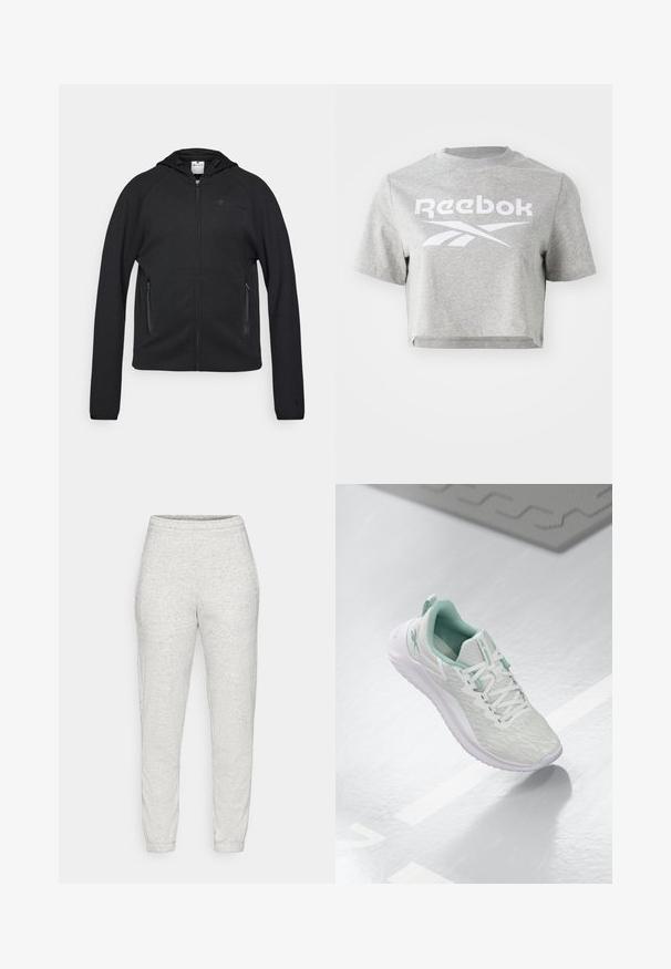 Champion C-TECH FULL ZIP HOODIE INTERLOCK - Užtrauktuku užsegamas treningas - black; Pilka trumpa medvilninė marškinėlių suapvalinta apykakle ir trumpomis rankovėmis, priekyje spausdinta balta "Reebok" tekstas ir logotipas.; Šviesiai pilki sportiniai džinsai iš minkštos, tekstūruotos medžiagos. Turi elastingą juosmenį ir siaurėjančius kulkšnis. Paprastas dizainas be kišenių ar raštų.; Šviesiai pilni sportiniai bateliai su tekstūruota mezgimo viršutine dalimi, mėtų žalumo akcentais, baltais raišteliais, guminėmis padangomis ir kilpa kulne.