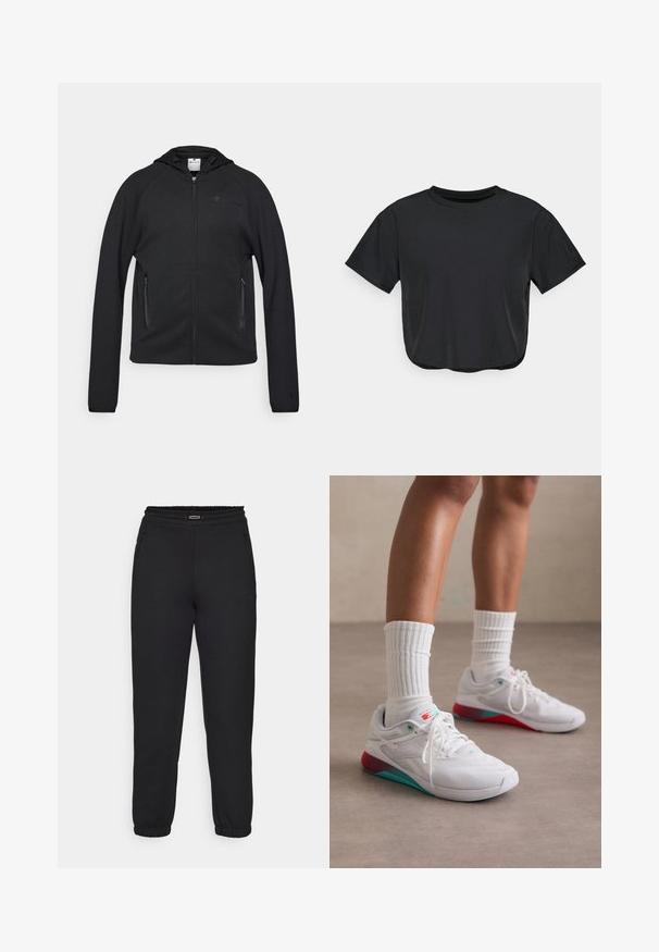 Champion C-TECH FULL ZIP HOODIE INTERLOCK - Sweater met rits - black; Zwarte cropped t-shirt van zacht materiaal, met een ronde halslijn, korte mouwen en een ontspannen pasvorm. Subtiele stikdetails.; Champion C-TECH CUFFED PANTS INTERLOCK - Trainingsbroek - black; Witte sportschoenen met een textuur bovenkant, turquoise accenten en een rode hiel. Gedirigeerd met geribbelde witte sokken. Heeft veters en branding.