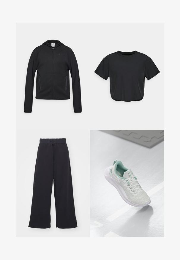 Champion C-TECH FULL ZIP HOODIE INTERLOCK - Cipzáras pulóver - black; Fekete, rövidített póló, puha anyagból készült, kerek nyakkivágással, rövid ujjas és laza szabással. Finom varrási részletek.; Champion EMOTIONAL DANCE WIDE LEG PANTS - Tréningruha alsók - black; Világosszürke sportcipő, texturált kötött felső réteggel, menta zöld kiegészítőkkel, fehér fűzőkkel, gumitalppal és húzófüllel a saroknál.