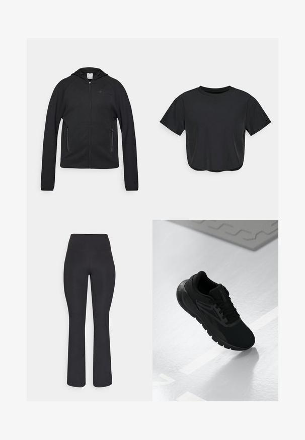 Champion C-TECH FULL ZIP HOODIE INTERLOCK - Sweatjacke - black; Schwarzes, kurz geschnittenes T-Shirt aus weichem Material, mit Rundhalsausschnitt, kurzen Ärmeln und lockerer Passform. Dezente Nähte.; Champion PERFORMANCE FLARE LEGGINS - Tights - black; Schwarzer Sportschuh mit einem Obermaterial aus Mesh, runder Zehenpartie, gepolsterter Sohle und strukturierten Akzenten, platziert auf einer glatten weißen Oberfläche.