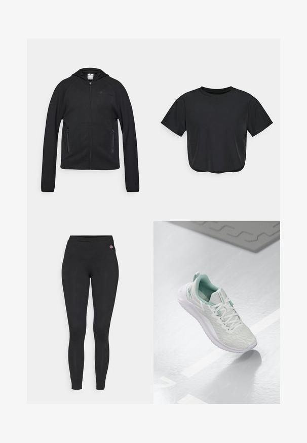 Champion C-TECH FULL ZIP HOODIE INTERLOCK - Majica s kapuljačom i patentnim zatvaračem - black; Crni skraćeni majicu od mekog materijala, s okruglim izrezom, kratkim rukavima i opuštenim krojem. Suptilni detalji šivanja.; Crne tajice s uskim krojem i elastičnom podstavom, sa malim Champion logotipom na gornjoj lijevoj strani bokova.; Svijetlosivi atletski tenisice s teksturiranim pletenim gornjim dijelom, mint zelenim detaljima, bijelim vezicama, gumeni potplat i petni nastavak.