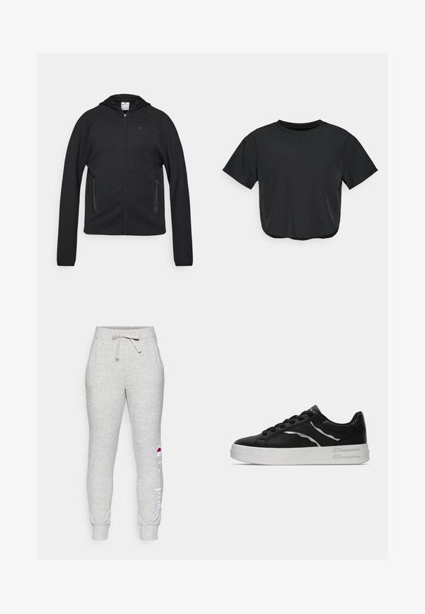 Champion C-TECH FULL ZIP HOODIE INTERLOCK - Camisola com fecho - black; T-shirt cropped preto feito de material suave, com decote redondo, mangas curtas e um corte descontraído. Detalhes de costura subtis.; Calças de fato cinzentas de mistura de algodão com uma cintura elástica, cordão de ajuste e punhos canelados. Apresenta um logótipo branco "Champion" na lateral.; Sapatilha de couro preta com sola branca, apresentando finos realces em prata e design com atacadores. Textura suave com detalhamento de marca na parte de trás.