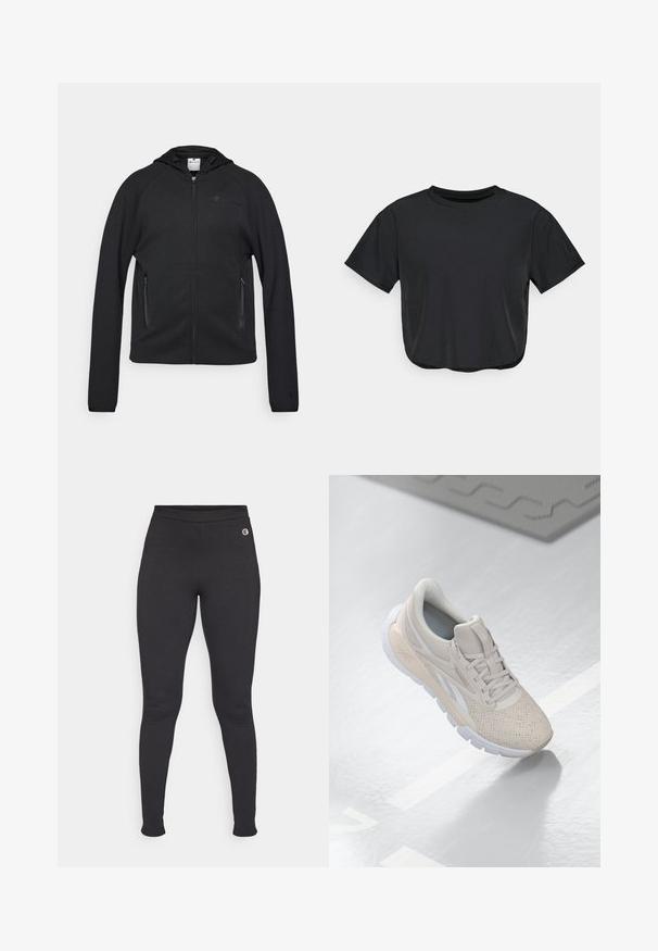 Champion C-TECH FULL ZIP HOODIE INTERLOCK - Sweater met rits - black; Zwarte cropped t-shirt van zacht materiaal, met een ronde halslijn, korte mouwen en een ontspannen pasvorm. Subtiele stikdetails.; Zwarte legging gemaakt van rekbaar materiaal, met een hoge tailleband en een klein logo accent op het linkerheupgebied. Glad textuur.; Lichtbeige sportieve schoen met een geperforeerde bovenkant, textuurverwerking, gewatteerde kraag en een witte rubberen zool, ontworpen voor comfort en ademend vermogen.