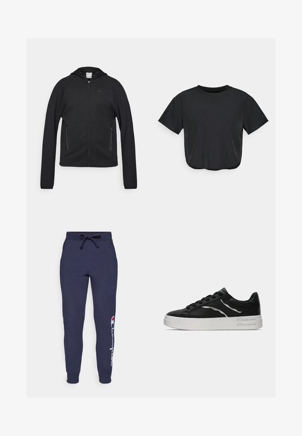 Champion C-TECH FULL ZIP HOODIE INTERLOCK - Sweater met rits - black; Zwarte cropped t-shirt van zacht materiaal, met een ronde halslijn, korte mouwen en een ontspannen pasvorm. Subtiele stikdetails.; Marineblauwe sweatpants met een verstelbare tailleband, elastische boorden en een wit Champion-logoontwerp langs het linkerbeen. Zachte katoenmix.; Zwarte leren sneaker met witte zool, voorzien van dunne zilveren accenten en een vetersluiting. Gladde textuur met merkdetails op de hiel.