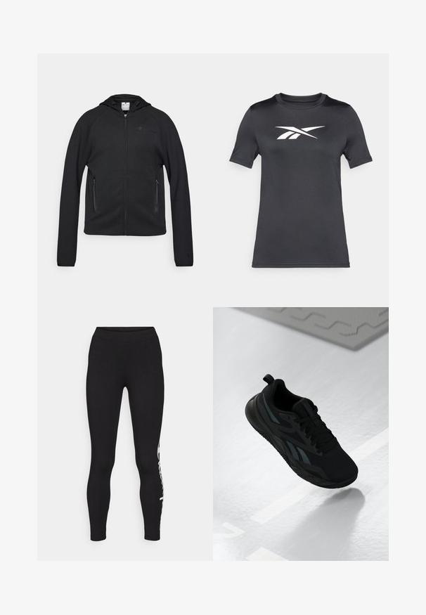 Champion C-TECH FULL ZIP HOODIE INTERLOCK - Sweatjacke - black; Schwarzes T-Shirt mit kurzen Ärmeln aus glattem Stoff, das ein weißes Logo über der Brust aufweist. Runder Halsausschnitt und reguläre Passform.; Schwarze Leggings mit glatter Textur, hohem Bund und weißem Logo-Detail an der linken Seite. Enganliegendes Design, volle Länge.; Schwarzer Sportschuh mit einem Obermaterial aus Netzgewebe, der strukturierte Akzente und eine flache Sohlenform aufweist. Enthält tonale Markenkennzeichnung und eine Ziehschlaufe an der Ferse.