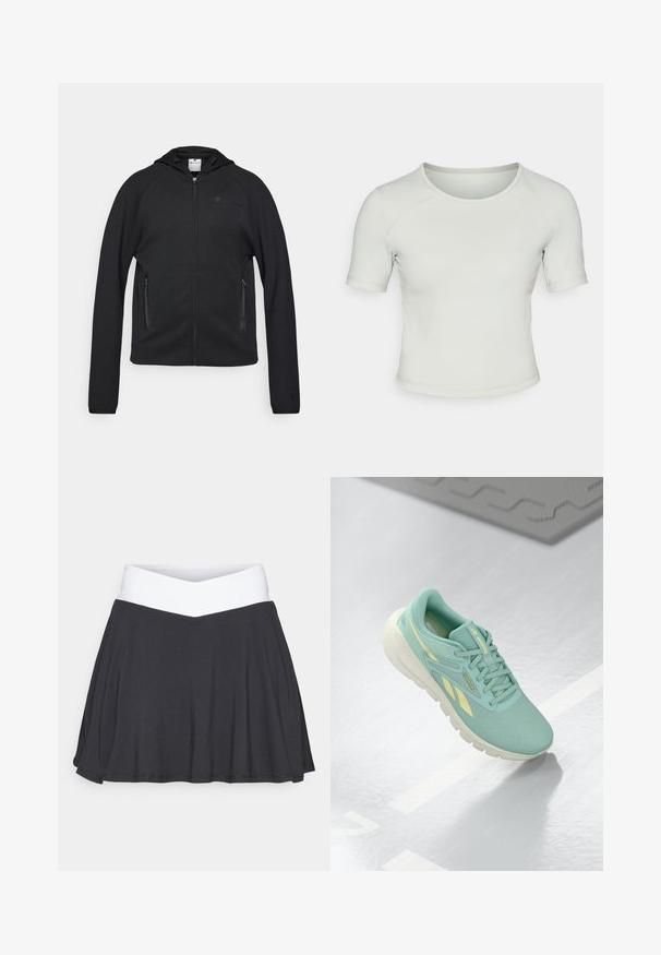 Champion C-TECH FULL ZIP HOODIE INTERLOCK - Bluză de molton cu fermoar - black; Tricou verde deschis, cu mânecă scurtă, ajustat, cu guler rotund, textură netedă și un logo subtil pe partea stângă a frontului.; Fustă scurtă neagră cu un talie încrucișată albă. Fabricată dintr-un material moale și elastic, având un design evazat cu o textură netedă.; Pantoflă sport de culoare teal deschis, cu un superior texturat, accente galbene contrastante și o talpă albă masivă. Dispune de șireturi și logo-ul mărcii.