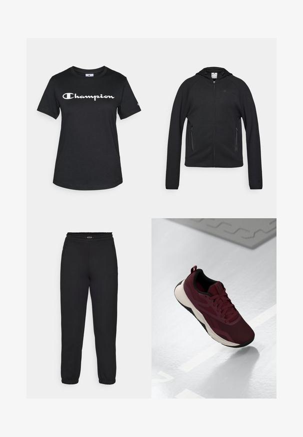 Champion C-TECH FULL ZIP HOODIE INTERLOCK - Lukuga pusa - black; Must musträär, lühikeste varrukatega, ümar kaelus ja ees suur valge "Champion" logo.; Champion C-TECH CUFFED PANTS INTERLOCK - Dresside alumine osa - black; Bordoo spordijalanõud, millel on võrgust pealispind, mustad aktsendid ja pehme valge tald. Omab soonkinnitust ja kandmist hõlbustavat konksu kontsapooles.