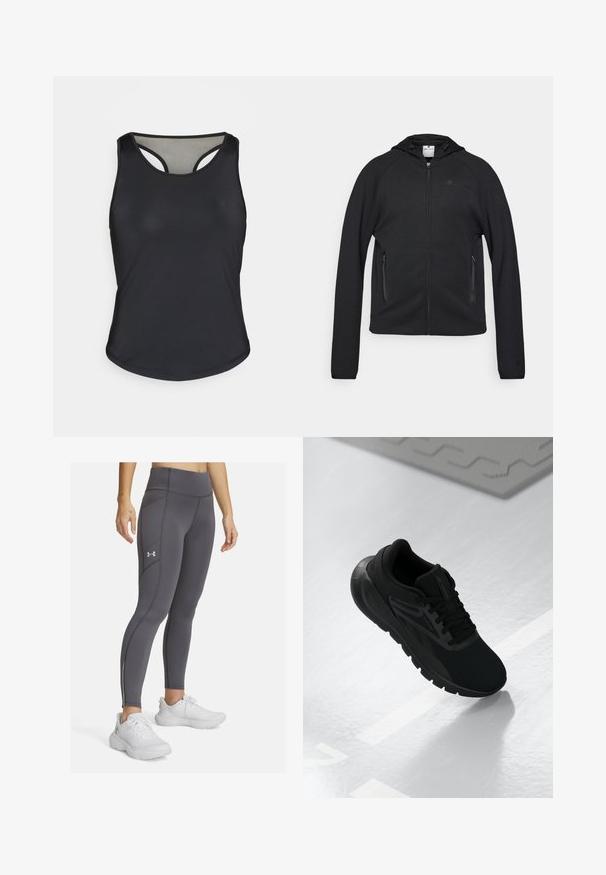 Champion C-TECH FULL ZIP HOODIE INTERLOCK - Jaka ar rāvējslēdzēju - black; Melna sporta tank top ar noapaļotu apakšmalu, sacensību aizmuguri un gludu, elastīgu audumu. Iespējo zemā sāna ir smalka logo.; Pelēkas sporta legingi ar augstu jostasvietu, ar smalkām vīlēm un mazu logo. Valkāti ar baltām kedām.; Melna sporta apava, kas veidota ar sietu augšdaļu, apaļu pirkstu daļu, mīkstu zoli un teksturētām akcentiem, novietota uz gludas baltas virsmas.