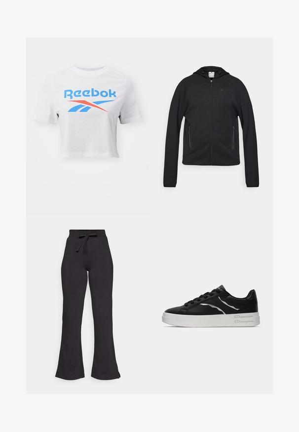 Champion C-TECH FULL ZIP HOODIE INTERLOCK - Camisola com fecho - black; T-shirt crop de algodão branco com mangas curtas, com o logotipo da Reebok em azul e vermelho na parte da frente, com uma textura suave e um corte descontraído.; Calças de treino pretas com corte amplo, feitas de um tecido suave, apresentando um cós elástico com cordão e uma textura lisa. Projetadas para conforto e facilidade de uso.; Sapatilha de couro preta com sola branca, apresentando finos realces em prata e design com atacadores. Textura suave com detalhamento de marca na parte de trás.