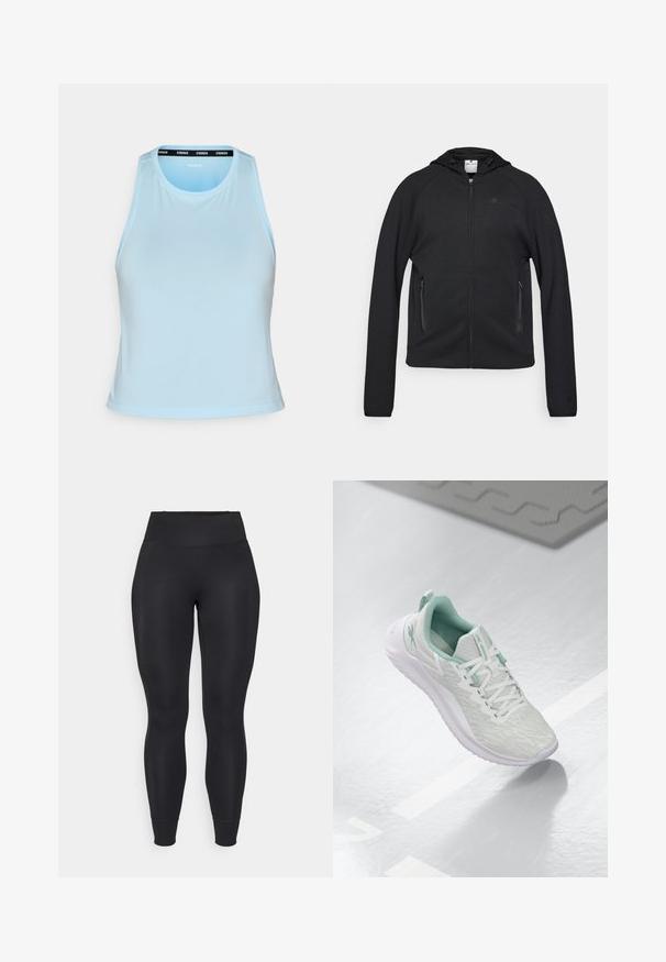 Champion C-TECH FULL ZIP HOODIE INTERLOCK - Mikina so zipsom - black; Svetlo modré športové tielko s okrúhlym výstrihom, bez rukávov a čiernym značkovým pásom pozdĺž goliera. Hladká textura.; Čierne legíny vyrobené z elastického materiálu, s vysokým pásom, zúženými nohavicami a manžetami, s hladkou, matnou textúrou.; Svetlošedé športové topánky s štruktúrovaným pleteným zvrškom, mätozelenými akcentmi, bielymi šnúrkami, gumovou podrážkou a pútkom na päte.