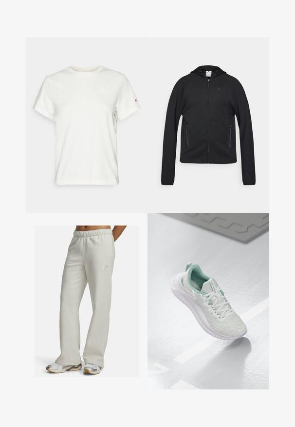 Champion C-TECH FULL ZIP HOODIE INTERLOCK - Vetoketjullinen college - black; Valkoinen lyhythihainen puuvillapaita, jossa on pyöreä kaula-aukko ja pieni logo vasemmassa rintataskussa. Pehmeä rakenne ja normaali istuvuus.; Harmaat collegehousut, jotka on valmistettu pehmeästä kankaasta. Varustettu joustavalla vyötärönauhalla ja pienellä logolla vasemmassa reidessä. Leveä lahjetyyli.; Vaaleanharmaa urheilujalkine, jossa on teksturoitu neulepäällinen, mintunvihreät yksityiskohdat, valkoiset nauhat, kumipohja ja vetolenkki kannassa.
