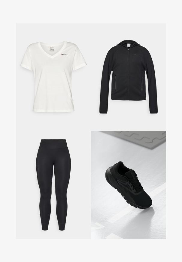 Champion C-TECH FULL ZIP HOODIE INTERLOCK - Jaka ar rāvējslēdzēju - black; Balta kokvilnas T-kreklā ar V veida kakla izgriezumu un īsām piedurknēm. Uz kreisās krūtis ir neliels sarkans un melns Champion logo.; Melnas leggingas, kas izgatavotas no stiept auduma, ar augstu jostasvietu, sašaurinātiem pēdu galiem un piedurknēm, ar gludu, matētu tekstūru.; Melna sporta apava, kas veidota ar sietu augšdaļu, apaļu pirkstu daļu, mīkstu zoli un teksturētām akcentiem, novietota uz gludas baltas virsmas.