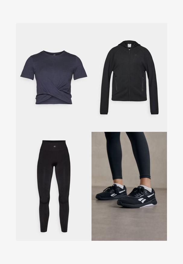 Champion C-TECH FULL ZIP HOODIE INTERLOCK - Jaka ar rāvējslēdzēju - black; Tumši zilas īsām piedurknēm t-krekls ar pagrieztu priekšpusi. Izgatavots no mīksta, viegla auduma; ar apaļu kakla izgriezumu un brīvu piegriezumu.; Champion SEAMLESS LEGGINGS SHOCK ABSORBER - Legingi - black; Melni sporta apavi ar teksturētu acu materiālu, baltām akcentiem un mīkstu zoli. Nēsāti kopā ar melniem legingiem, izceļot elegantu dizainu.