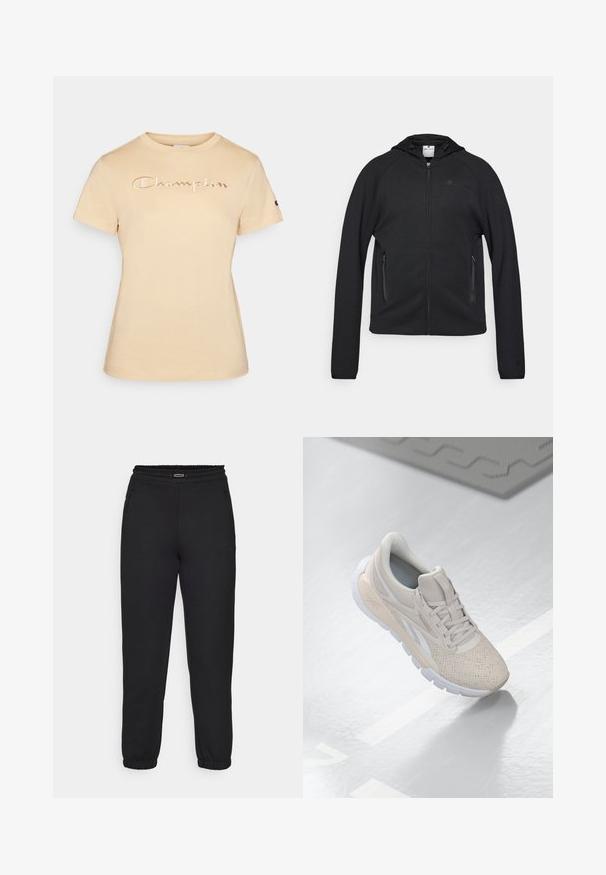 Champion C-TECH FULL ZIP HOODIE INTERLOCK - Užtrauktuku užsegamas treningas - black; Sofos smėlinis trumpomis rankovėmis marškinėliai, pagaminti iš švelnaus medvilnės, su išsiuvinėtu „Champion“ logotipu šviesioje spalvoje per krūtinę ir mažu logotipu ant rankovės.; Champion C-TECH CUFFED PANTS INTERLOCK - Treningo apatinė dalis - black; Šviesiai smėliniai sportiniai batai su perforuotu viršumi, tekstūruotomis detalėmis, paminkštintu apvadu ir balta guma, sukurti komfortui ir kvėpuojamumui.