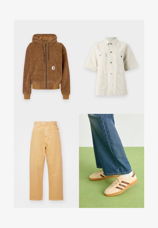 Hnědá mikina na zip s kapucí na stažení, přední kapsou, žebrovanými manžetami a lemem, a bílou značkou Carhartt na kapse.; Košile s krátkým rukávem ve světle béžové tkanině, s špičatým límcem, předními knoflíky, dvěma náprsními kapsami a malou nášivkou loga nalevo.; Carhartt WIP BRANDON PANT - Džíny Relaxed Fit - bourbon; Beige tenisky s texturovanými krémovými panely a hnědými pruhy, kombinované s modrými džínovými kalhotami. Džínsy mají široké nohavice a roztrhaný lem.