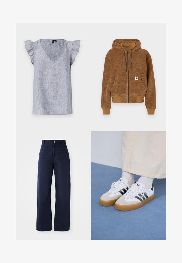 Hanorac maro cu fermoar, glugă cu șnur, buzunar frontal, manșete și tiv cu model în relief, și etichetă albă Carhartt pe buzunar.; Top scurt de culoare albastru deschis, cu decolteu în V, având mâneci volan și un material texturat subtil. Design casual, croi lejer.; Pantaloni cargo largi de culoare bleumarin, confecționați dintr-un material din bumbac rezistent, cu buzunare laterale și închidere cu buton în talie.; Adidași albi cu dungi negre și accente din suede bej. Au talpă din cauciuc texturat și șireturi albe plate, purtați cu șosete de culori deschise.