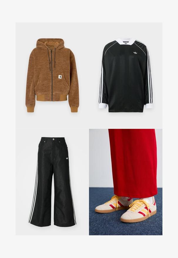 Brun genser med glidelås og hette med snor, frontlomme, ribbestrikkede mansjetter og kant, samt hvit Carhartt merkeetikett på lommen.; Svart langermet skjorte med V-hals, med vertikale striper, hvite detaljer og tre hvite striper på hver erme. Lite logo på brystet.; Sorte vide benbukser med tre hvite striper på hver side og en liten hvit logo. Har frontlommer og knappelukking.; Sko med beige semsket skinn, røde og gule stripeakenter, gule skosnører og såle i gummigummi, matchet med røde ribbestrikkede bukser.