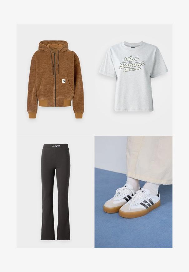 Brown zip-up hoodie with drawstring hood, front pocket, ribbed cuffs and hem, and white Carhartt brand label on pocket.; Gray cotton t-shirt featuring a rounded neckline, short sleeves, and printed "New Balance Athletics" logo in blue and white.; Black flared pants made of stretchy fabric with a smooth texture. Features a wide waistband with logo detailing at the top.; White sneakers with black stripes and beige suede accents. Feature a textured gum sole and flat white laces, worn with light-colored socks.