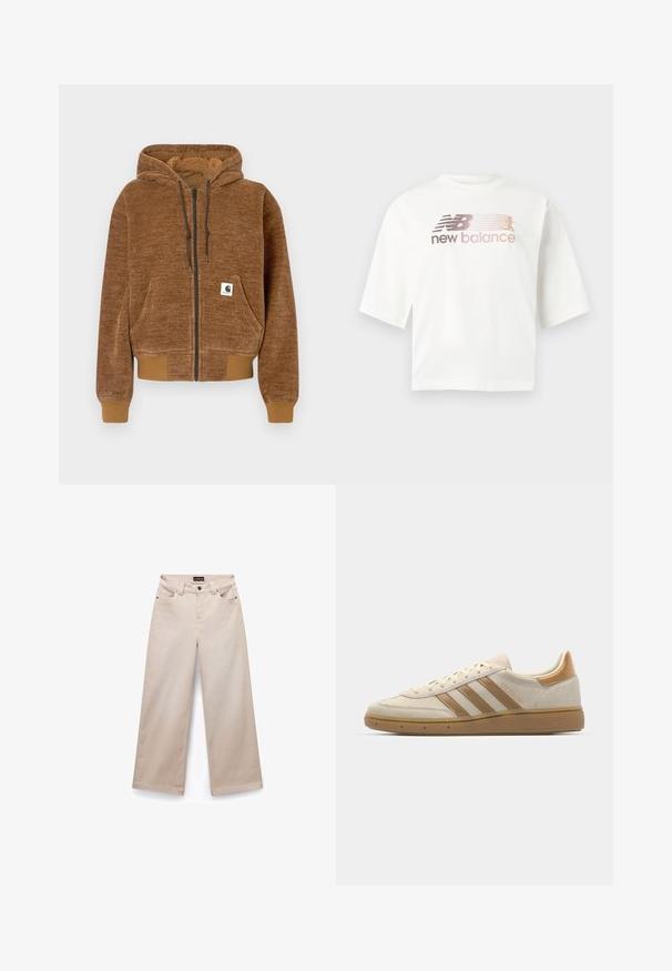 Barna, cipzáras kapucnis pulcsi, állítható kapucnival, elülső zsebbel, bordás mandzsettákkal és alsó résszel, valamint fehér Carhartt márkajelzéssel a zseben.; Fehér rövid ujjú, pamutból készült póló, amelyen rózsaszín és szürke átmenetes logó látható, alatta a "new balance" felirattal.; Beige, széles szárú pamut nadrág sima textúrával. Öt zsebével, övhurkokkal és ezüstszínű fém részletekkel rendelkezik elöl.; Beige velúr sportcipő világosbarna részletekkel. Három barna csíkkal, texturált gumitalppal és lekerekített orrkivágással rendelkezik.