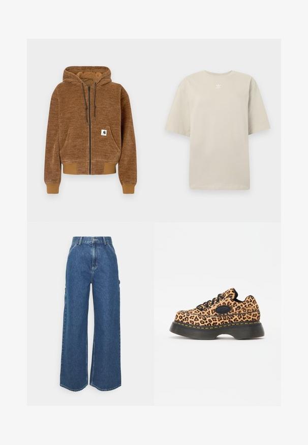Sudadera con cremallera marrón, capucha con cordón, bolsillo delantero, puños y dobladillo acanalados, y etiqueta blanca de la marca Carhartt en el bolsillo.; Camiseta de manga corta beige de algodón, con cuello redondo y pequeño logo blanco de Adidas impreso en el pecho. Textura suave, corte holgado.; Pantalones vaqueros de pierna ancha en azul con cintura alta, costuras en contraste y bolsillos laterales, que cuentan con un diseño clásico de cinco bolsillos y dobladillos sin rematar.; Zapatillas de plataforma con estampado de leopardo, cordones negros, material texturizado y detalle de costura amarilla sobre una gruesa suela de goma negra.