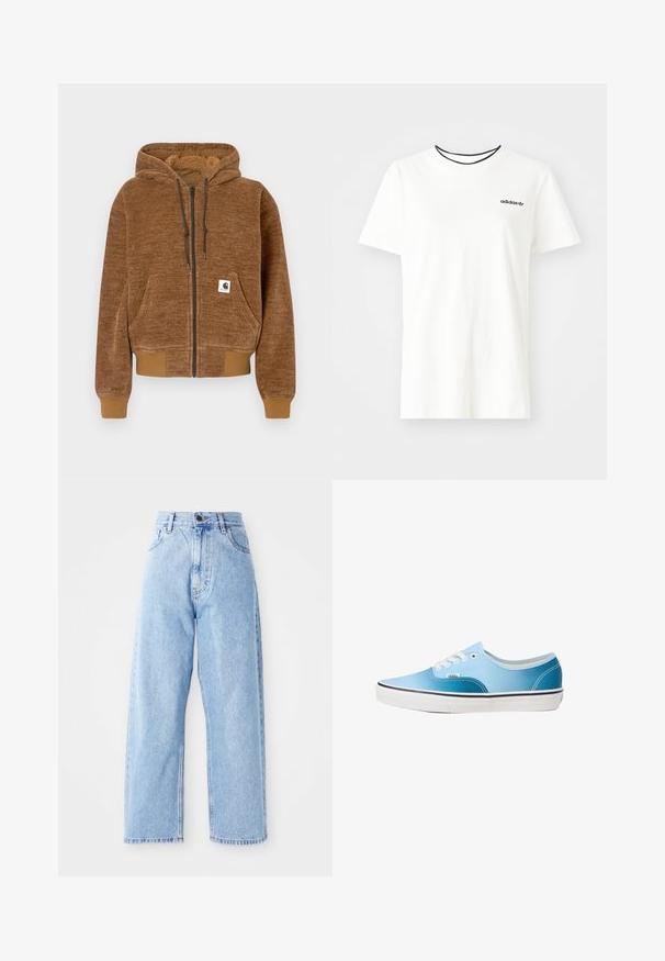 Haut à capuche zippé marron avec cordon de serrage, poche avant, poignets et ourlet côtelés, et étiquette de marque Carhartt blanche sur la poche.; T-shirt en coton blanc à manches courtes et à encolure ronde. Présente un logo Adidas noir sur la poitrine et un col intérieur noir contrastant.; Jeans en denim bleu clair taille haute avec des jambes droites larges, fermeture à bouton à l'avant, fermeture éclair et poches avant et arrière.; Vans AUTHENTIC - Baskets basses - blue coral gradient