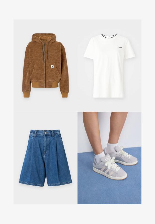 Rjava zip-up kapuca z nastavljivo kapuco, sprednjim žepom, rebrastimi manšetami in spodnjim robom ter belim Carhartt logotipom na žepu.; Bela bomba majica iz bombaža s kratkimi rokavi in okroglim izrezom. Ima črni Adidas logotip na prsih ter kontrastni črni notranji ovratnik.; Modri kavbojasti kratek hlače s nabranim sprednjim delom, z običajno pasom in gumbnim zapiranjem. Gladka tekstura in ravne hlačnice.; Sive športne copate iz zamšene kože z belimi vezalkami in gumijastim podplatom, ki imajo tri diagonalne črte ob strani in logotip na ježku.