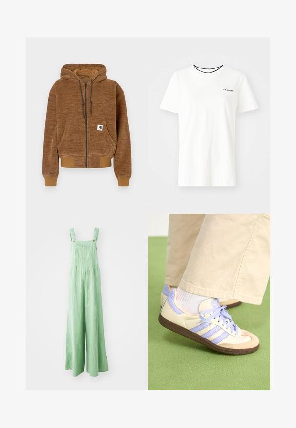 Smeđa dukserica na patent zatvarač s kapuljačom na šnuru, prednjim džepom, rebrastim manžetama i donjim rubom, te bijelom etiketom marke Carhartt na džepu.; Bijela pamučna majica kratkih rukava s okruglim izrezom. Ima crni Adidas logo na prsima i kontrastnu crnu unutrašnju ovratniku.; Zelene široke kombinezone napravljene od teksturiranog materijala, s podesivim trakama i prednjim džepovima s dugmadi u boji mesinga.; Kremasto-ljubičaste tenisice s tri pruge i strukturiranim smeškim potplatom, s vezicama i podstavljenim petom. Mekana gornja tkanina.