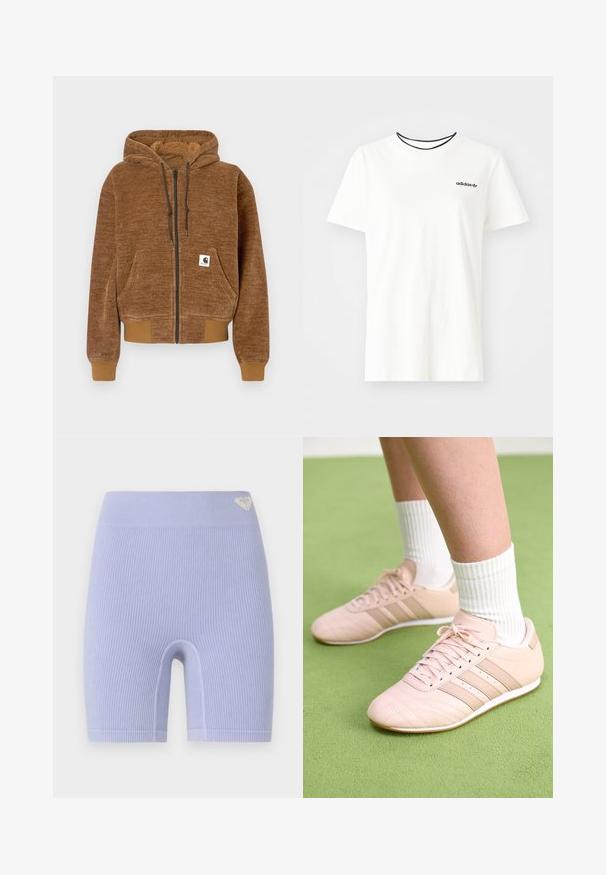 Smeđa dukserica na patent zatvarač s kapuljačom na šnuru, prednjim džepom, rebrastim manžetama i donjim rubom, te bijelom etiketom marke Carhartt na džepu.; Bijela pamučna majica kratkih rukava s okruglim izrezom. Ima crni Adidas logo na prsima i kontrastnu crnu unutrašnju ovratniku.; Ribane ljubičaste biciklističke kratke hlače s visokim strukom. Imaju mali logo naglasak na gornjoj lijevoj strani. Jednostavan, uski kroj.; Svijetloružičaste atletske tenisice s dijagonalnim šavovima, bijelim potplatima i tri bočne pruge. Nanosene s rebrastim bijelim čarapama na zelenoj površini.