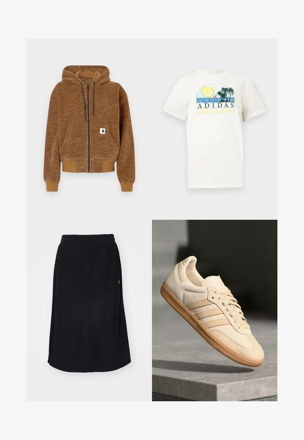 Brown zip-up hoodie with drawstring hood, front pocket, ribbed cuffs and hem, and white Carhartt brand label on pocket.; White cotton t-shirt featuring a graphic design with a sun, palm trees, and water. "ADIDAS Sports Club" printed in green and yellow.; Black midi skirt made of soft fabric, featuring an elastic waistband and straight-cut design. Includes subtle logo detail in contrasting color.; Light beige suede sneaker with gum outsole, three diagonal stripes, and a textured toe cap. Features logo on the tongue and side.