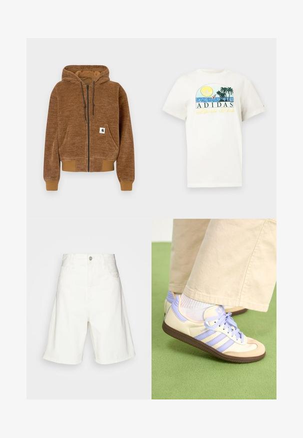 Brown zip-up hoodie with drawstring hood, front pocket, ribbed cuffs and hem, and white Carhartt brand label on pocket.; White cotton t-shirt featuring a graphic design with a sun, palm trees, and water. "ADIDAS Sports Club" printed in green and yellow.; White denim shorts with a high waist, featuring a front button closure, two side pockets, and a relaxed fit. Smooth texture with no visible patterns.; Cream and lavender sneakers with three stripes and a textured brown sole, featuring laces and a padded heel. Soft fabric upper.