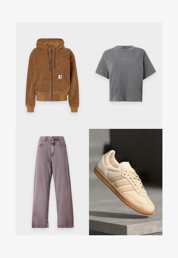 Brun genser med glidelås og hette med snor, frontlomme, ribbestrikkede mansjetter og kant, samt hvit Carhartt merkeetikett på lommen.; Grå kortermet cropped T-skjorte med rund hals og liten sentrert hvit "carhartt" logo på forsiden.; Høyt liv, vide jeans i lys lilla denim med knappelukking, fem lommer og subtil falming ved sømmene.; Lys beige suedette sneakers med gummisåle, tre diagonale striper og en teksturert tåhette. Har logo på tungen og siden.