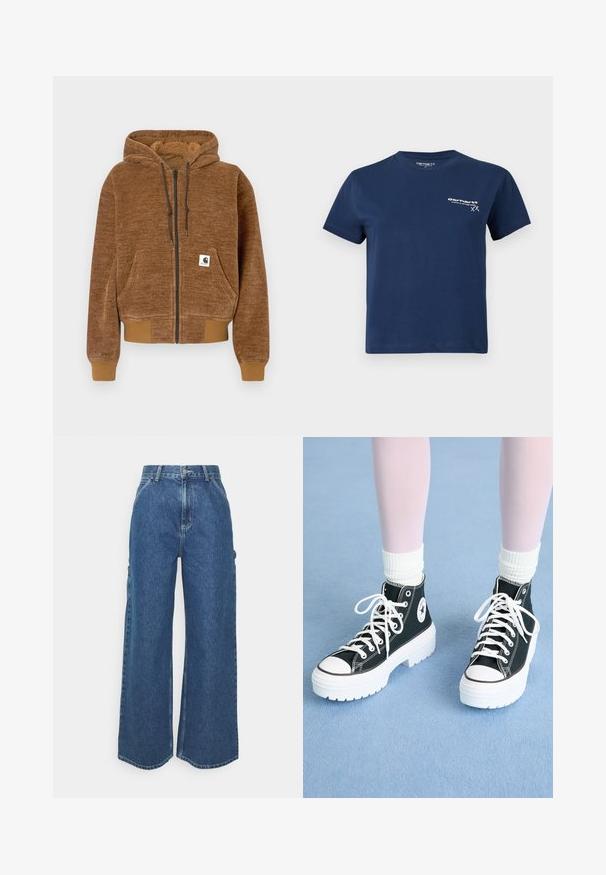 Ruda zip-up džinsinė striukė su šiurkščiu kepurėle, priekinė kišenė, pūtimo rankogaliai ir apykaklė, bei balta Carhartt prekės ženklo etiketė kišenėje.; Tamsiai mėlyna medvilnė t-shirt su trumpomis rankovėmis, apvaliu iškirpimu ir baltu logo, atspausdintu kairiajame priekiniame kampyje. Paprastas dizainas, glotni tekstūra.; Plačios mėlynos džinsinės kelnes su aukštu juosmeniu, kontrastingais siūlais ir šoninėmis kišenėmis, turinčios klasikinį penkių kišenių dizainą ir brutalius kraštus.; Juodi aukšti sportbačiai su baltais padais ir raišteliais, su apvaliu logotipu šone ir kontrastinga juoda siūle. Tekstūruota viršutinė medžiaga.