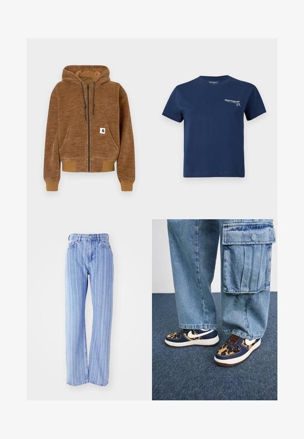 Hnedý zip-up mikina s kapucňou na šnúrku, prednou vreckom, rebrovanými manžetami a lemom, a bielou značkou Carhartt na vrecku.; Námornícky modré bavlnené tričko s krátkymi rukávmi, okrúhlym výstrihom a bielym logom potlačeným na prednej ľavej strane. Jednoduchý dizajn, hladká textúra.; Svetlomodré rifľové nohavice s vertikálnymi bielymi prúžkami, vysoký pás, voľný strih, päť vreciek a zapínanie na gombíky.; Námornícke modré tenisky s leopardími akcentmi, bielym logom Nike, hnedými šnúrkami a bielou medzipodrážkou. Skombinované s svetlými denimovými cargo nohavicami.