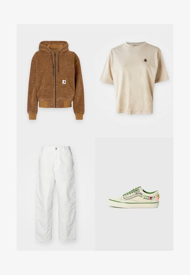 Brūns kapuce ar rāvējslēdzēju, ar regulējamu kapuci, priekšējo kabatu, ribotu aproču un apakšmalu, un balto Carhartt zīmola etiķeti uz kabatas.; Bēšas kokvilnas T-krekls ar brīvu piegriezumu, apaļu kakla izgriezumu, īsām piedurknēm un mazu kvadrātveida logotipa uzlīmi kreisajā krūšu pusē.; Baltas kravas bikses, izgatavotas no denim materiāla, ar brīvu piegriezumu, sānu kabatām un redzamām šuvju detaļām. Vienkārša priekšēja daļa ar pogu aizdari.; Vans OLD SKOOL COCONA - Treniņu apavi - cream