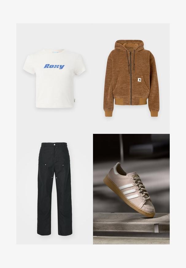 Smeđa dukserica na patent zatvarač s kapuljačom na šnuru, prednjim džepom, rebrastim manžetama i donjim rubom, te bijelom etiketom marke Carhartt na džepu.; Bijela pamučna majica s okruglim izrezom, s velikim plavim "Roxy" logotipom koji je otisnut na prsima. Kratki rukavi, običan kroj.; Crne hlače ravnog kroja, napravljene od teksturirane tkanine. Sadrže dekorativne srebrne detalje i jedinstveno obrubljene šavove.; Svijetlosmeđi suede tenisice s bijelim prugama, gumeni potplat od kaučuka, okrugli vrh i ravne vezice. Sadrže šivane detalje i zlatni brend.