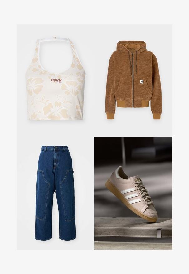 Fleece com fecho éclair castanho, capuz com cordão, bolso frontal, punhos e bainha canelados, e etiqueta branca da marca Carhartt no bolso.; Top cropped branco com padrão floral, decorado com flores de hibisco em bege e um logo bordado "Roxy" em bordô. Apresenta um design de halter neck.; Jeans de lavagem escura, de perna larga e cintura alta, com grandes bolsos frontais e costura em contraste. O tecido tem uma ligeira textura.; Sapatilha de camurça bege clara com riscas brancas, sola de borracha color de caramelo, bico arredondado e atacadores planos. Apresenta detalhes cosidos e marcação em dourado.